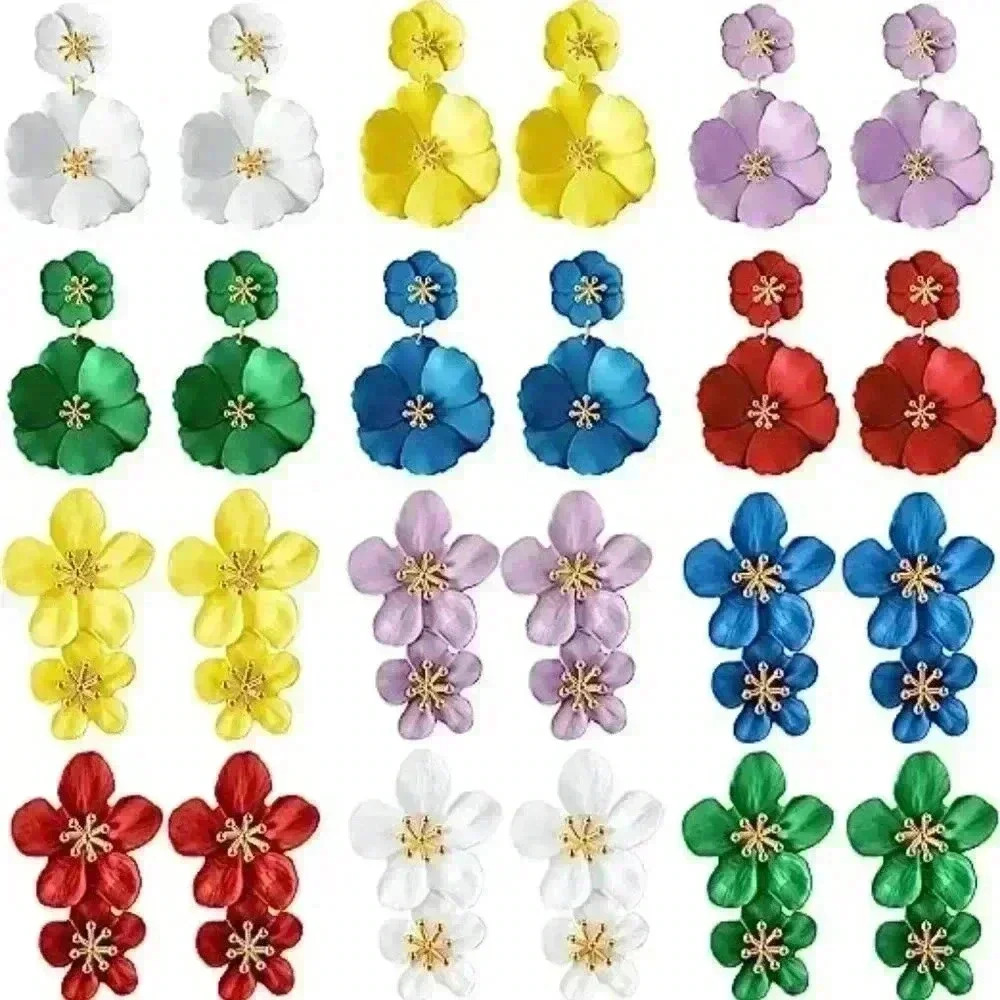 1Pairs Boho Double Flower Matt Earring Layered